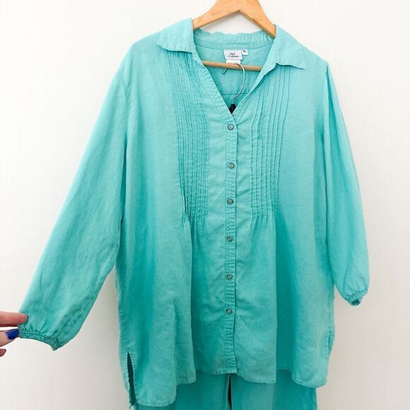 Hot Cotton Linen Outfit Set Blouse Crop Pants Blue Lagenlook Size XL Artsy - Picture 2 of 14